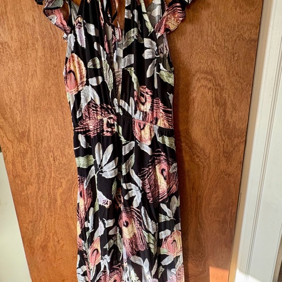 Blush BJ Feather Print Maxi Dress • Ruffle Tiered • Strappy Boho Style • Size M - Picture 3 of 4
